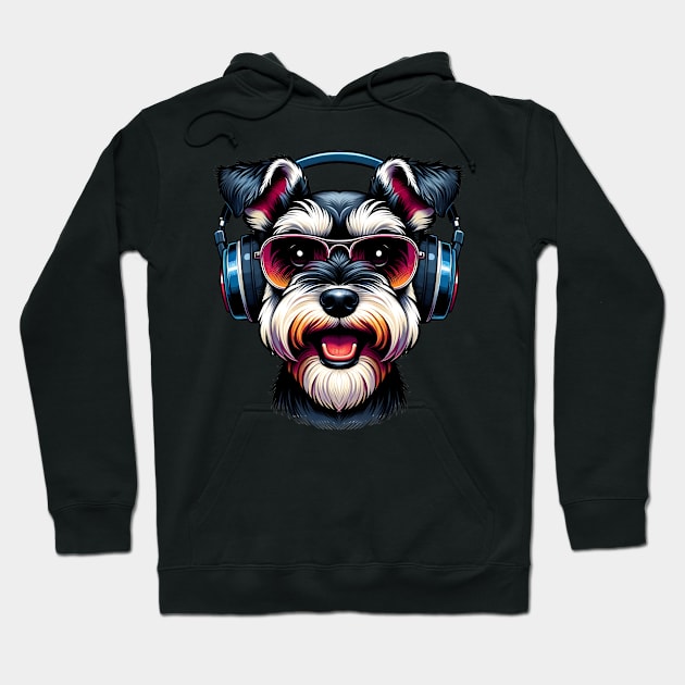 Miniature Schnauzer as Smiling DJ with Headphones Hoodie by ArtRUs